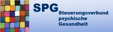Logo des Steuerungsverbunds psychische Gesundheit (SPG) mit bunten Farbfeldern links und Schriftzug "SPG Steuerungsverbund psychische Gesundheit"